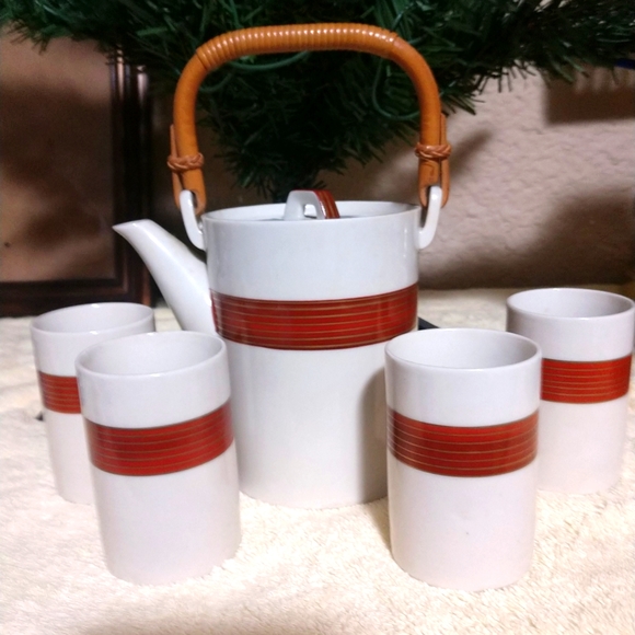 Vintage Other - Japanese Porcelain Tea Pot + 4 Cup Set Bamboo Reeded Handle Rare Vintage